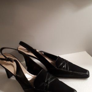 Black Sling Back Fabric  and  Leather HeelsBlack Fabric upper with leather Trim